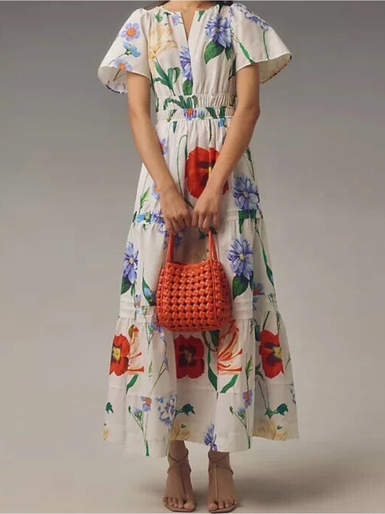 Anthropologie Dresses & Skirts - Anthropologie Somerset White Maxi Dress Blue, Red & Green Floral Print Medium